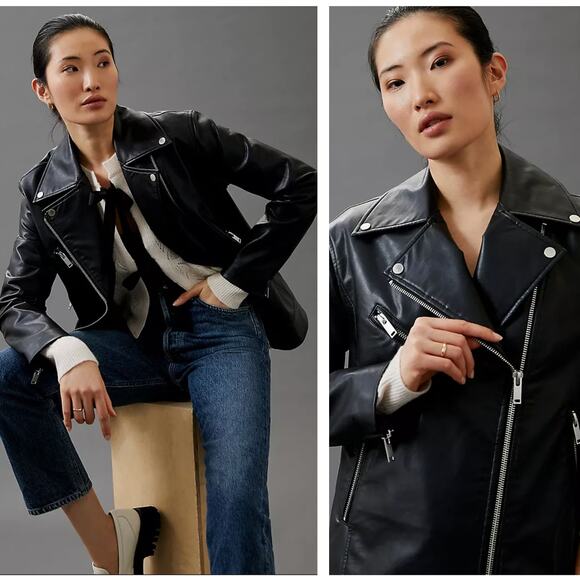 ANTHROPOLOGIE x AVEC LES FILLES Faux Leather Moto Jacket Black Sz S $248 - Picture 1 of 5